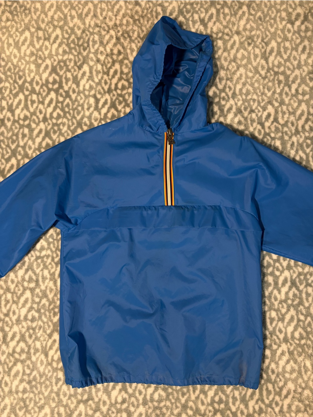 K-Way Hooded Packable Rain Anorak - Bright Blue with Stripe Trim